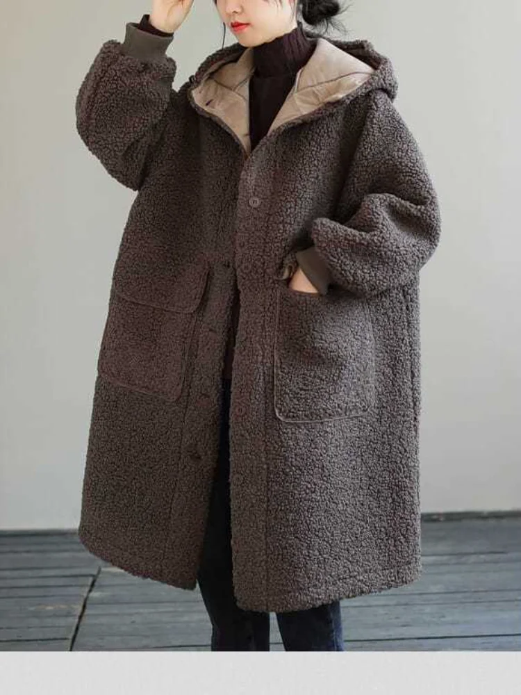 Women Casual Keep Warm Woolen Coat Loose Hood Fashion Warm Mid-length Thickened Long-sleeved Solid Jacket Winter Clothing New down coats