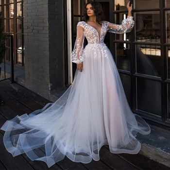 

Illusion Bodice Long Puff Sleeves Robe De Mariee Wedding Dress Deep V Neck Sheer Top Fancy Tulle A Line Bridal Gown Customize