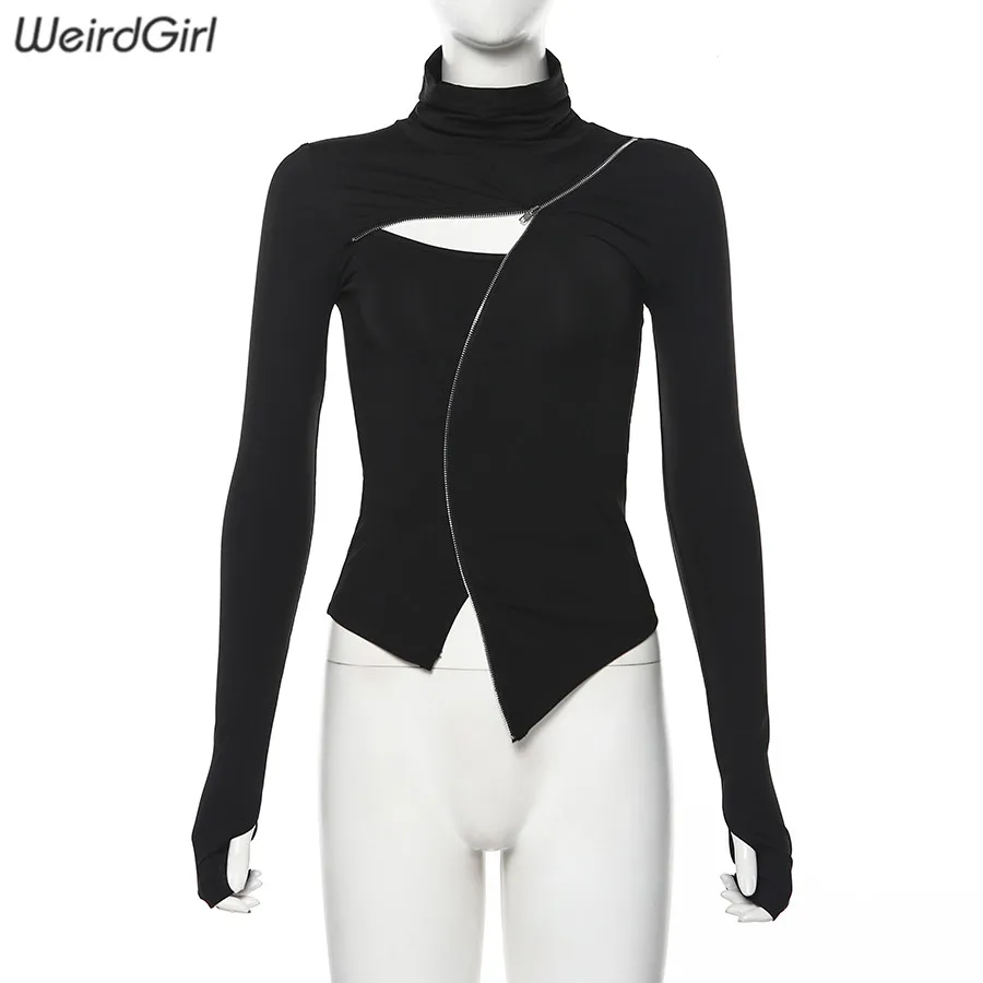 Weirdgirl/Новые осенние толстовки, модное крутое женское платье-водолазка с длинными рукавами, одежда на молнии с отверстиями для большого пальца, женские толстовки с капюшоном