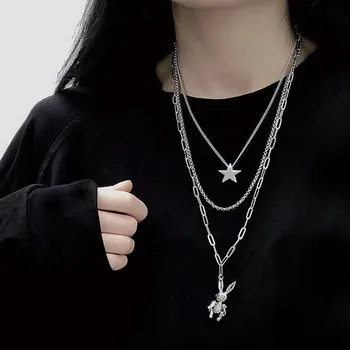 

Ins hip-hop Harajuku Style Personality Three-layer Rabbit Necklace Stainless Steel Chain Wweater Chain Female Male Couple Punk