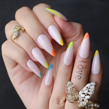 

Rainbow French false nails stiletto gel Fluorescence Nude Neon long gel Fake Nails Side Colorful 24pcs