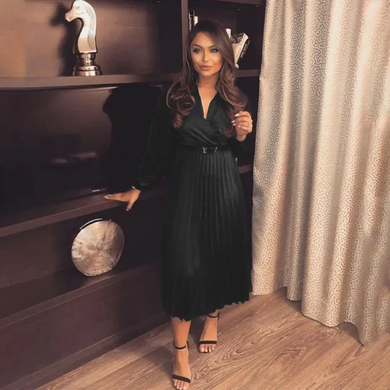 

Women Summer Boho Long Midi Pleated Long Sleeve dress Evening Party Beach Dress Sundress