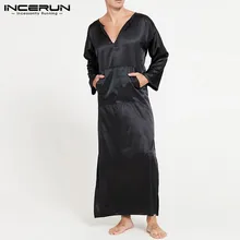 INCERUN, брендовый халат для сна, для мужчин, сплошной цвет, шелк, атлас, мешковатые, v-образный вырез, длинный рукав, карман, сексуальная одежда для сна, домашнее, для мужчин, s, пижамы, халаты