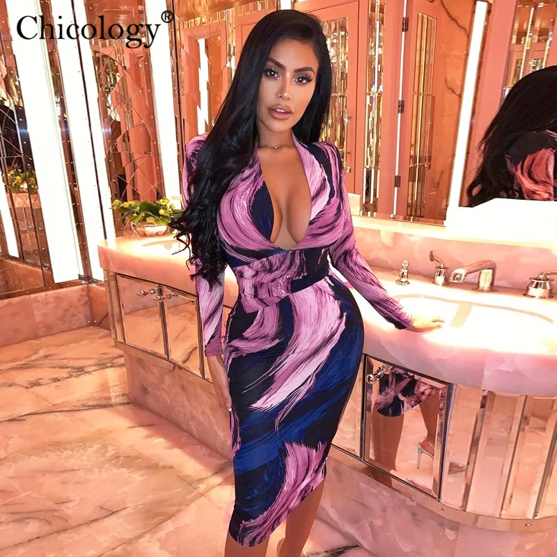 Chicology 2020 вареный с длинным рукавом Бандажное платье миди женское сексуальное