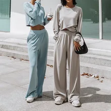 

2022New Spring Autumn Women's Fashion Loose Casual Suit Female Pullover Tops Wide Leg Pants Two-piece Set Lady Solid Color Shirt