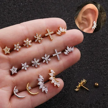 

1 Piece Flower Cross Snow Earrings Stainless Steel Screws Ear Studs Creative Ear Piercing Jewelry