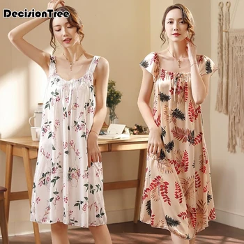 

2020 Lace Robe Satin Nightdress Homewear Lingerie Women Sleepwear Deep V-neck Sleepdress Sexy Silk Nightgowns Sleeveless Femme