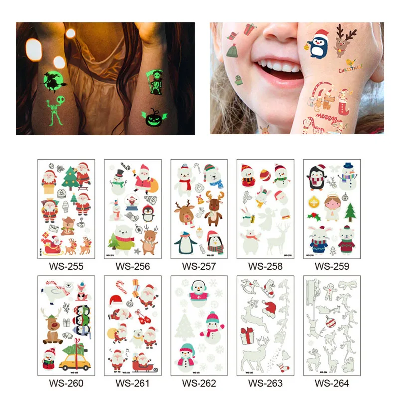 

Luminous Tattoo Stickers Christmas Waterproof Fluorescent Kid Face Fake Tattoo Sticker Various Patterns Small Body Art for Child