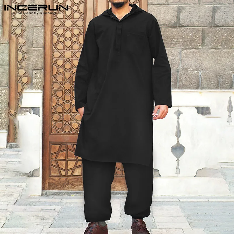 Suits Muslim-Sets Arabic Islamic Pants Kaftan Dubai Long-Sleeve 2pieces Casual Hooded