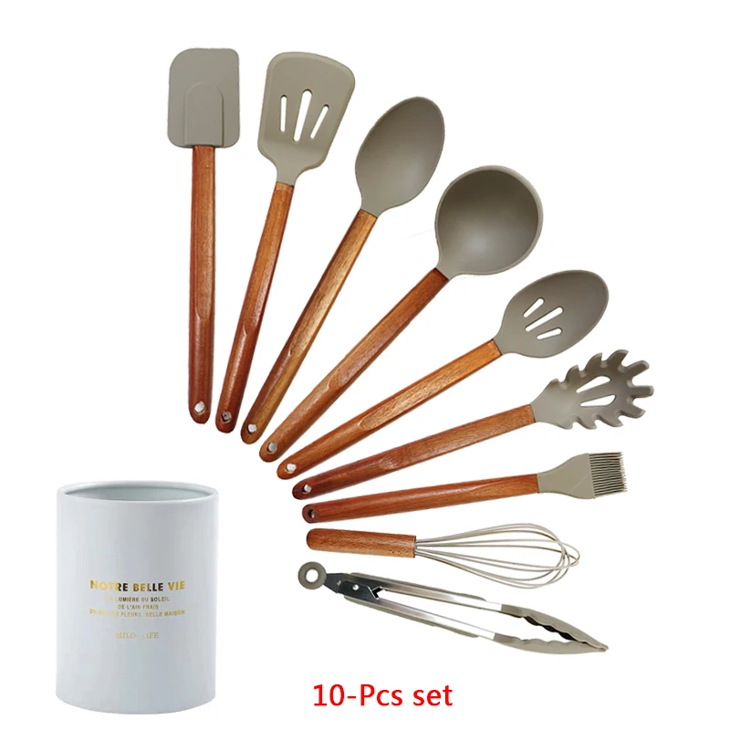 10-pcs kitchen set 6/9/12 шт Кухня посуда набор Акация деревянная ручка Силиконовая Пособия по кулинарии посуда с антипригарным покрытием металлическая кулинарная лопатка инструменты Кухня аксессуары - Цвет: 10-pcs kitchen set