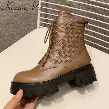 

Krazing Pot high quality cow leather zipper high heels cool office lady nightclub winter shoes vintage platform ankle boots L12