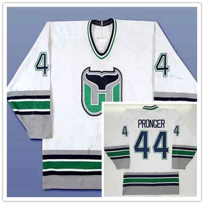 44 CHRIS PRONGER Hartford Whalers Ретро футболка с вышивкой для хоккея, сшитая по индивидуальному заказу под любым номером и именем - Цвет: Белый