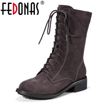 

FEDONAS Women Casual Ankle Boots 2020 Autumn Winter Warm Riding Boots Cross-tied Chunky Heels Shoes Woman Suede Leather Boots