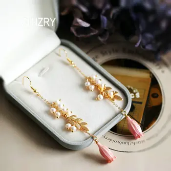 

SINZRY original handmade natural pearl preserved real flower vintage dangle earrings fashion female jewel