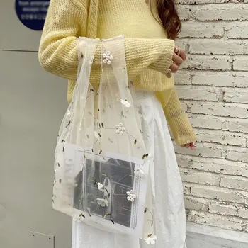 

New Handmade Flower Embroidery Hand Bag Casual Tote Mesh Shoulder Bag Lady Travel Shopping Bags Woman Handbags Purses For Girls