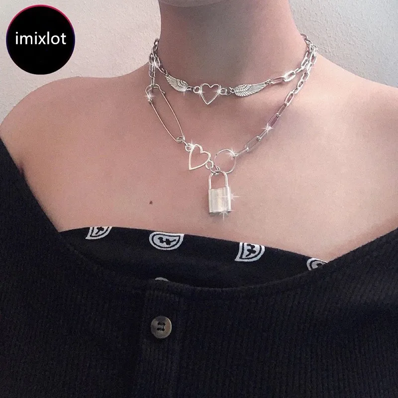 Kpop Stainless Steel Harajuku Heart Wing Choker Necklaces For Women collar Goth Statement Chain Necklace aesthetic jewellery