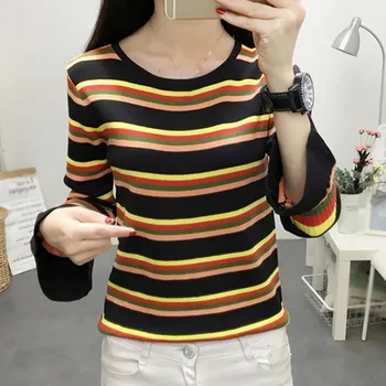 

Casual Striped Pullover Sweater Women O Neck Long Sleeve Bottoming Slim Jumper Fall Clothes Korean Style Ladies Knitwear