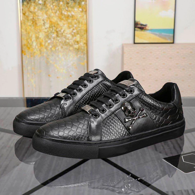 bags pp Italian original design skull hardware logo business genuine leather men's shoes crocodile skin comfortable flat bottom