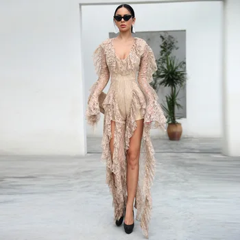 

Keatingberus New Arrival 2020 WINTER Sexy Deep V Ruffles Long Sleeve Female Elegant Ovaralls High Split See Through Jumpsuit X64