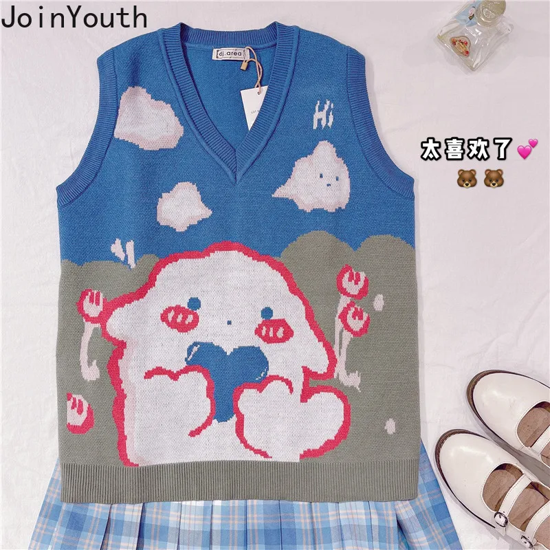 Joinyouth Preppy Style Knitted Pullovers Vest Cartoon V-neck Sweaters Women Loose Cute Knitwear Tanks Casual Sleeveless Tops | Женская
