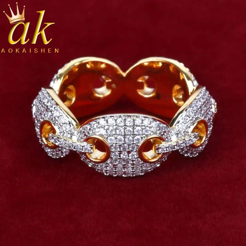 

12mm Men's Marine Link Rings Charm Gold Color BLING Cubic Zircon Iced Out RING Fashion Hip Hop Jewelry For Gift