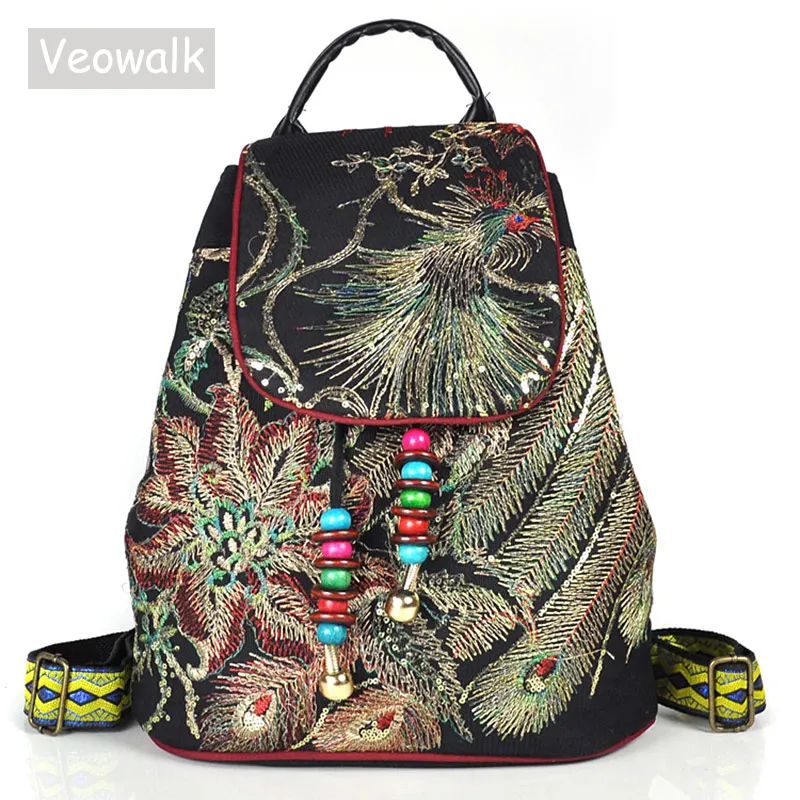 

Veowalk Peacock Sequins Embroidered Women Canvas Backpacks Handmade Ladies Floral Rucksacks Woman Small School Back Bag Backpack