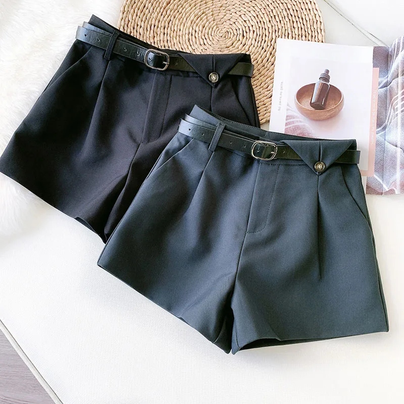 Wasteheart Autumn Black Gray Khaki Shorts Women High Waist Shorts Sexy Camel Bottom Zipper PU Sashes England Style Formal OL