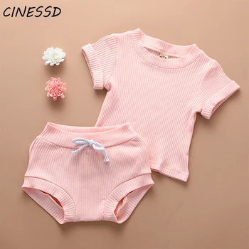 

Newborn Baby Girls Outfits Kids Clothes Set Summer Solid Tops T-shirt+striped Shorts 2Pcs Toddler Baby Boy Clothing Suit 0-24M
