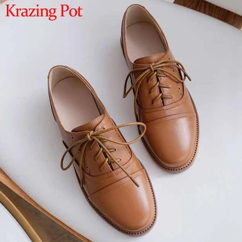 

Krazing Pot genuine leather brogue carved casual shoes round toe med heels breathable women solid lace up basic cozy pumps L60