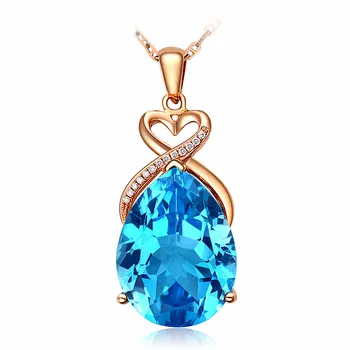 

Luxury 5 carats aquamarine blue crystal topaz gemstones diamonds pendant necklaces for women 18k rose gold choker chain jewelry