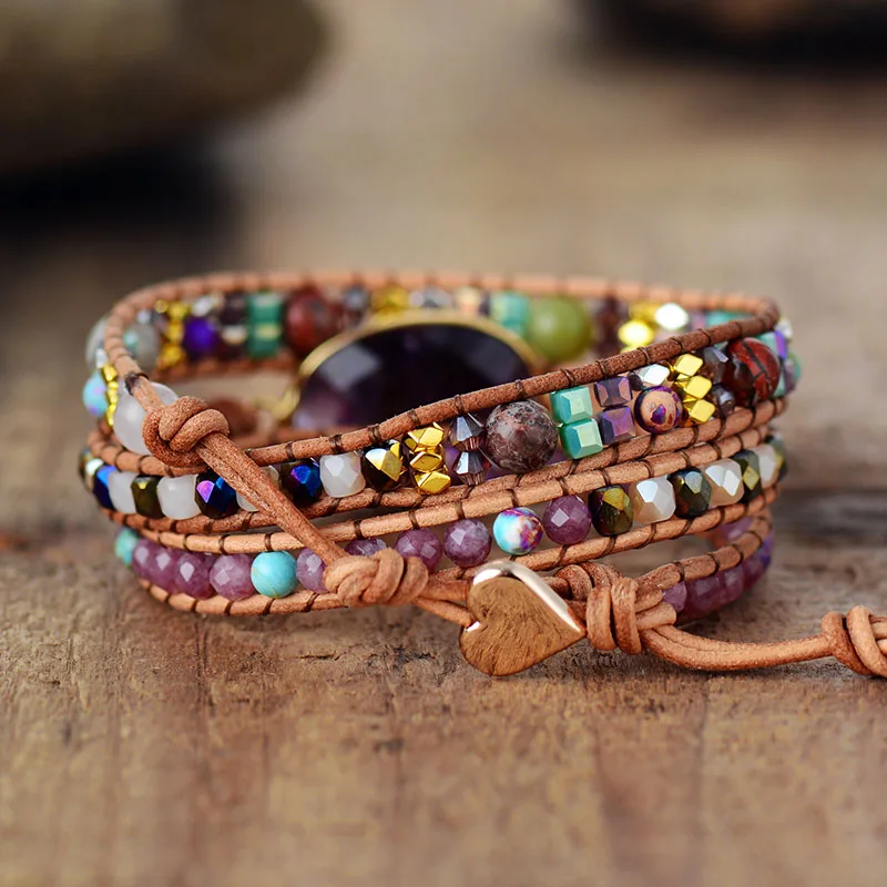 Leather Wrap Bracelets W/ Natural Stone Amethysts Crystals Beaded Triple Statement Art Bracelet Bohemian Jewelry Gifts