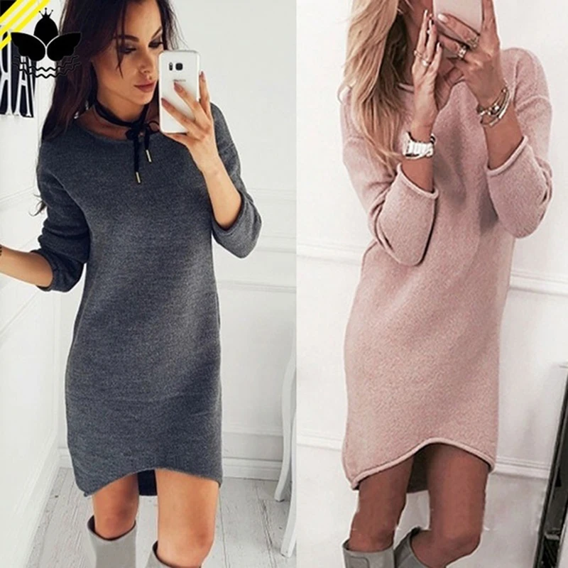Вязаное платье теплый свитер женское с длинным рукавом Осень-зима круглый