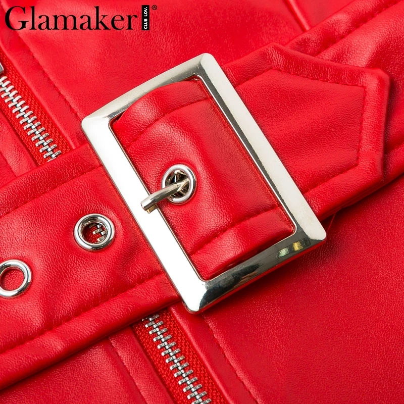 Glamaker платье из искусственной кожи с открытыми плечами облегающее сексуальное платье с пряжкой и поясом элегантные вечерние платья красного цвета женское осеннее короткое платье для вечеринки зима
