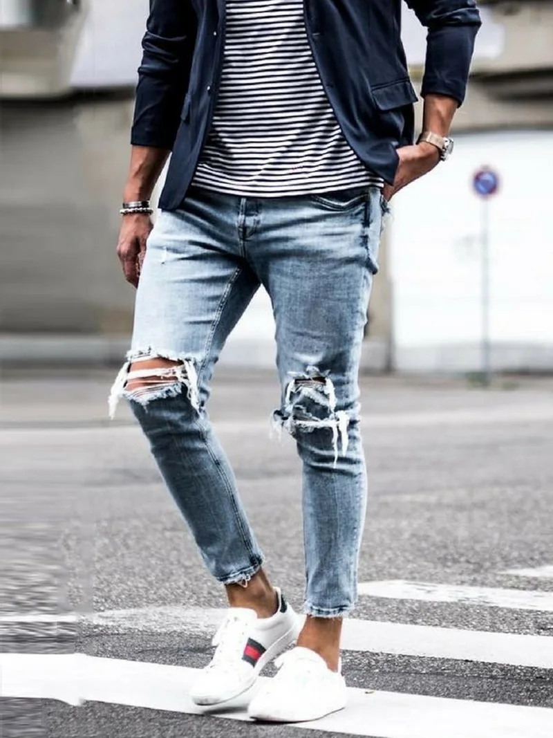 

2020 Mens Skinny Jeans Skinny Jeans Men Ripped Stretch Denim Pants Elastic Waist Big Size European W36