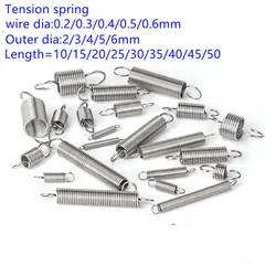 10pcs/lot extension spring wire 0.2mm 0.3mm 0.4mm 0.5mm 0.6mm stainless steel Tension spring with hook OD 2mm-6mm length10-50mm