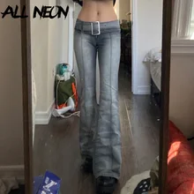 ALLNeon Retro Y2K Low Rise Jeans With Belts Streetwear 90s Vintage Distressed Patchwork Blue Denim Flare Pants Full Length Slim