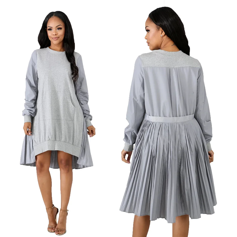

Personality Creative Back Pleated Dress Solid Color Long Sleeve O Neck Casual Women Knee Length Dress Fashion Streetwear DO9072G