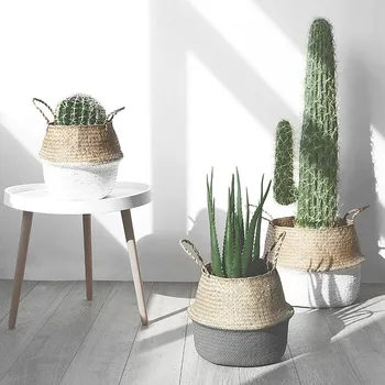 

Handmade bamboo and rattan woven storage basket seaweed grass weaving flower basket folding straw stitching garden decoration