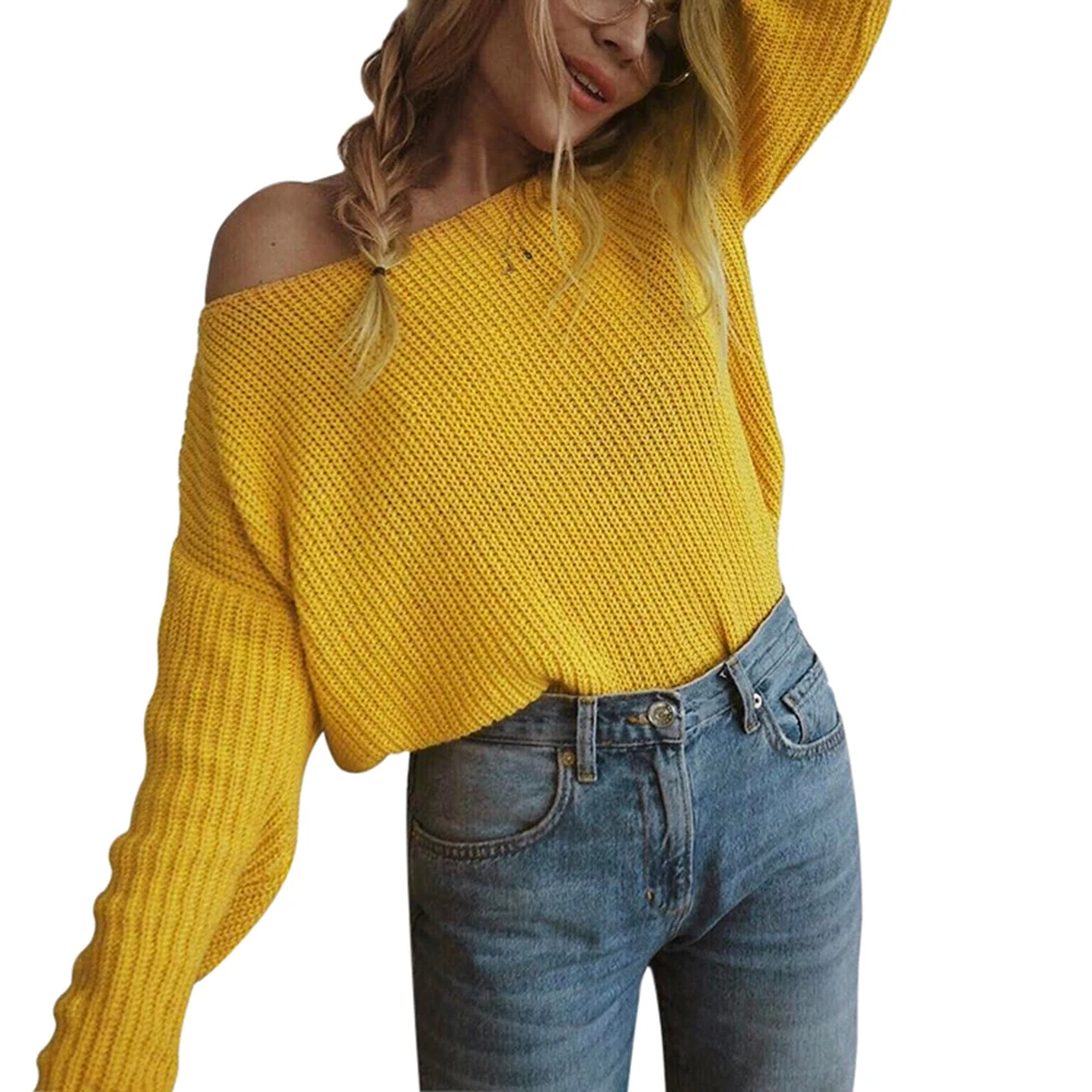 Вязаный свитер женский пуловер с открытыми плечами женский свитер Новинка длинный рукав свободный джемпер оверсайз свитер Pull Femme