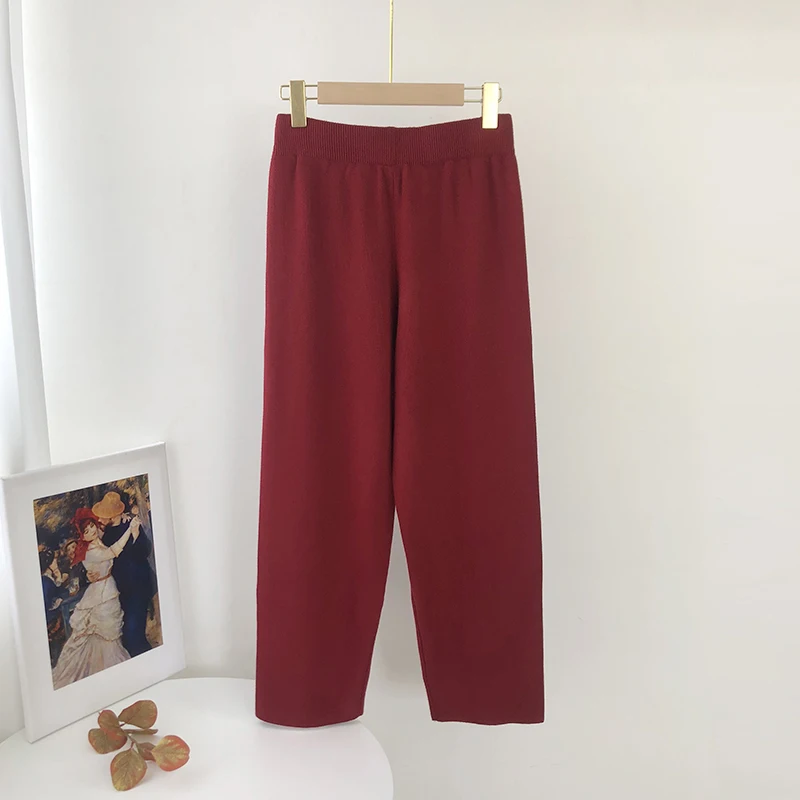 Aachoae Loose Solid Knitted Pants Women Elastic Waist Casual Lady Pants Pleated Leisure Home Wear Long Pants Female Pantalon