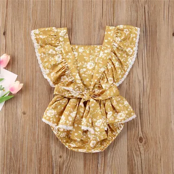 

0-24 Months Baby Girl Rompers Yellow Flower Print Lotus Leaf Elastic Waist Bow Decoration Lovely Baby Girls Summer Jumpsuit