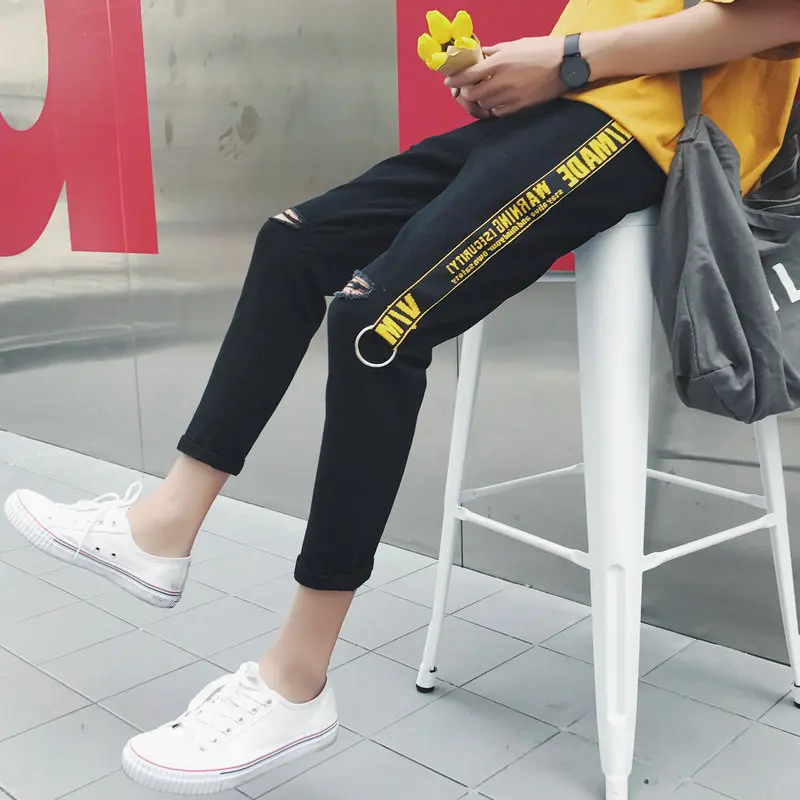 Wholesale Summer thin ribbon Cowboy knee Cut hole White skinny jeans slim ankle length pants men's casual pencil pants