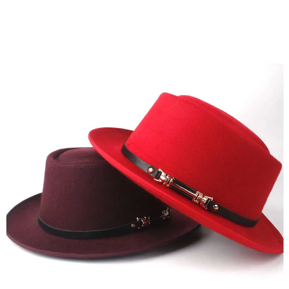 Мужская и Женская шерстяная шляпа-пирожок с кожаным поясом, Уличная Повседневная шляпа, Панама, шляпка для церкви, плоская фетровая шляпа в стиле джаз, шляпа, размер 58 см