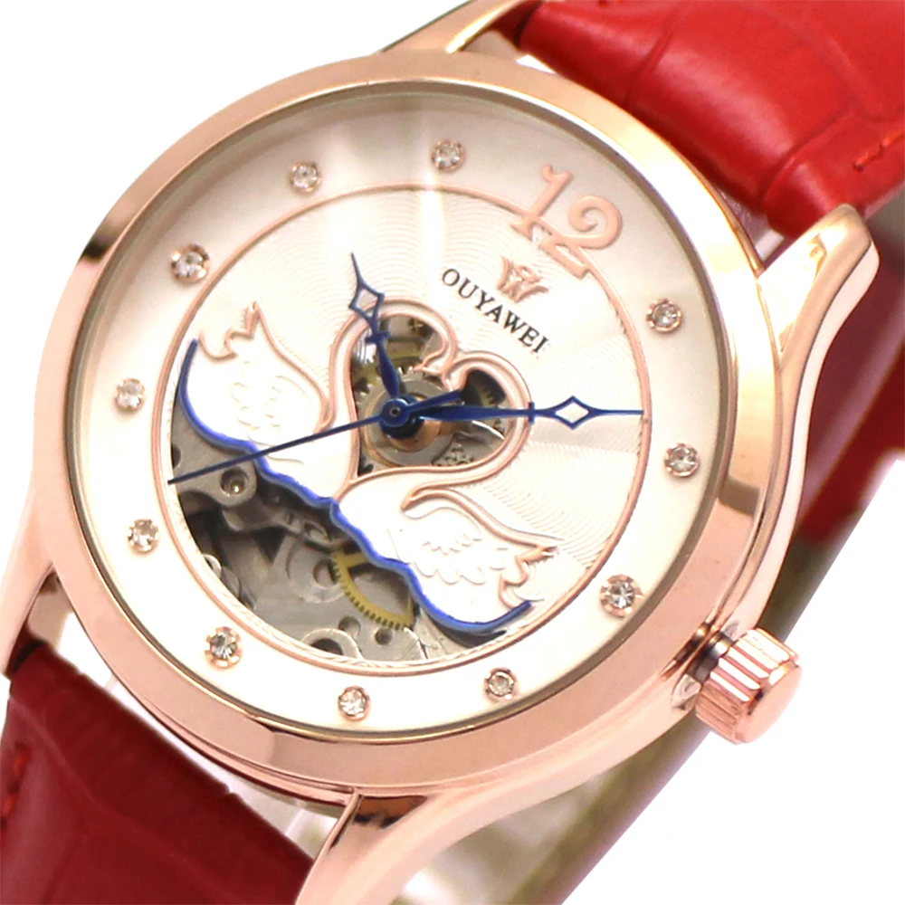Новые модные брендовые женские Автоматические механические часы женские часы со скелетом модные часы из натуральной кожи relogio feminino