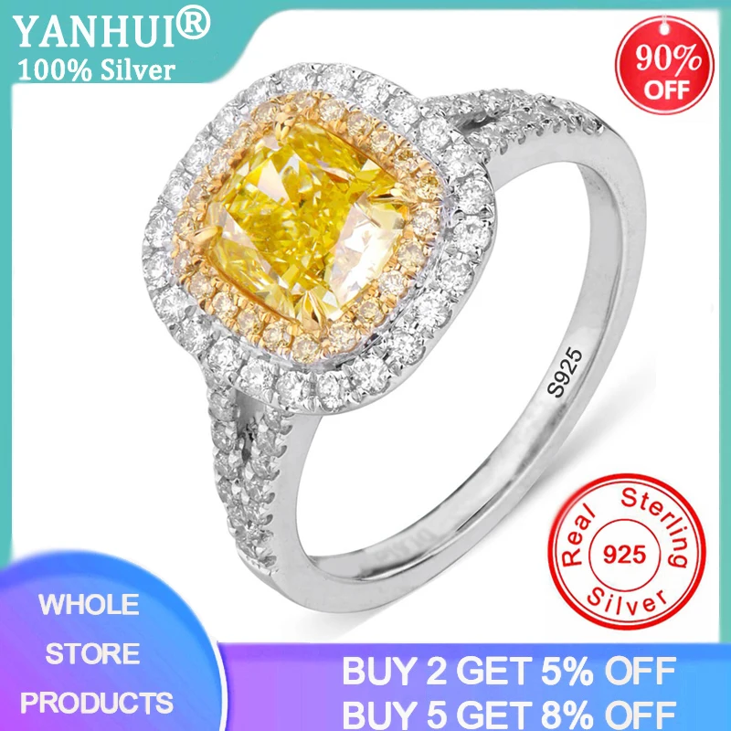 

YANHUI Original Solid 925 Sterling Silver Two Colors Zircon Rings For Women Wedding Engagement Jewelry Luxury Ring R261-Yellow