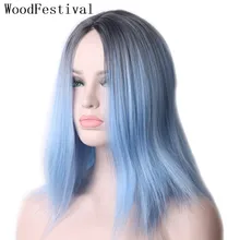 WoodFestival женские прямые черные корень Омбре светильник синий косплей парик термостойкие синтетические короткие парики для женщин