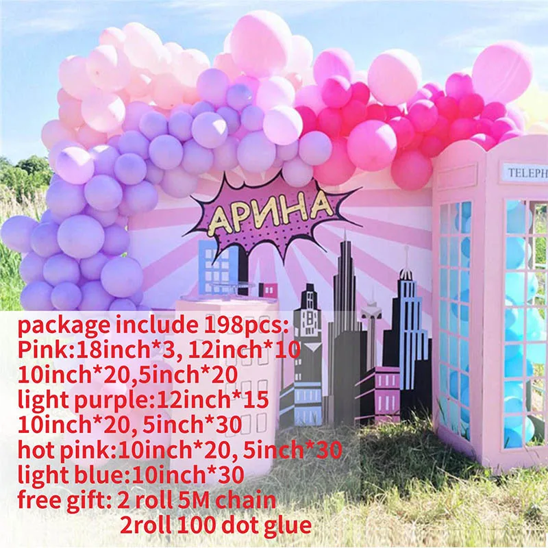 198pcs Macaron Pink Purple Pastel Balloons Garland Arch Kit For Wedding Anniversary Party Decoration Backdrop Baby Shower