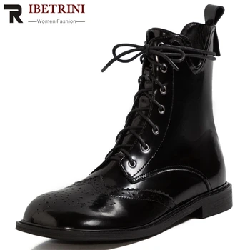 

RIBETRINI Brand New Genuine Leather Cosy Heels Shoelaces Brogue Ankle Boots Stylish Winter Shoes Boots Women