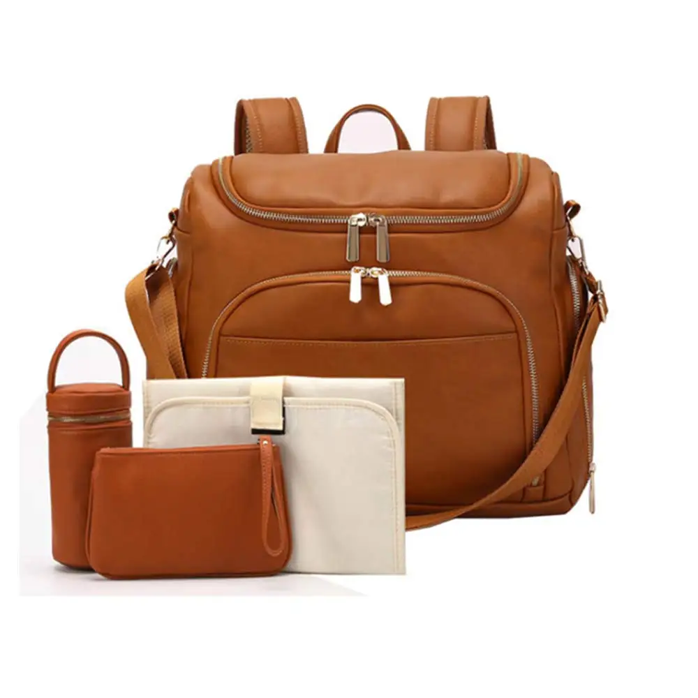 

7-in-1 Baby Diaper Bag Solid PU Leather Mummy Maternity Bag Large Capacity Travel Back Pack Stroller Bags with Changing Pad