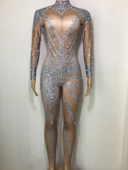 

Bright Rhinestones Long Sleeves Jumpsuit Sexy Stones Leggings Stage Performance Wear One Piece Costume Jumpsuit